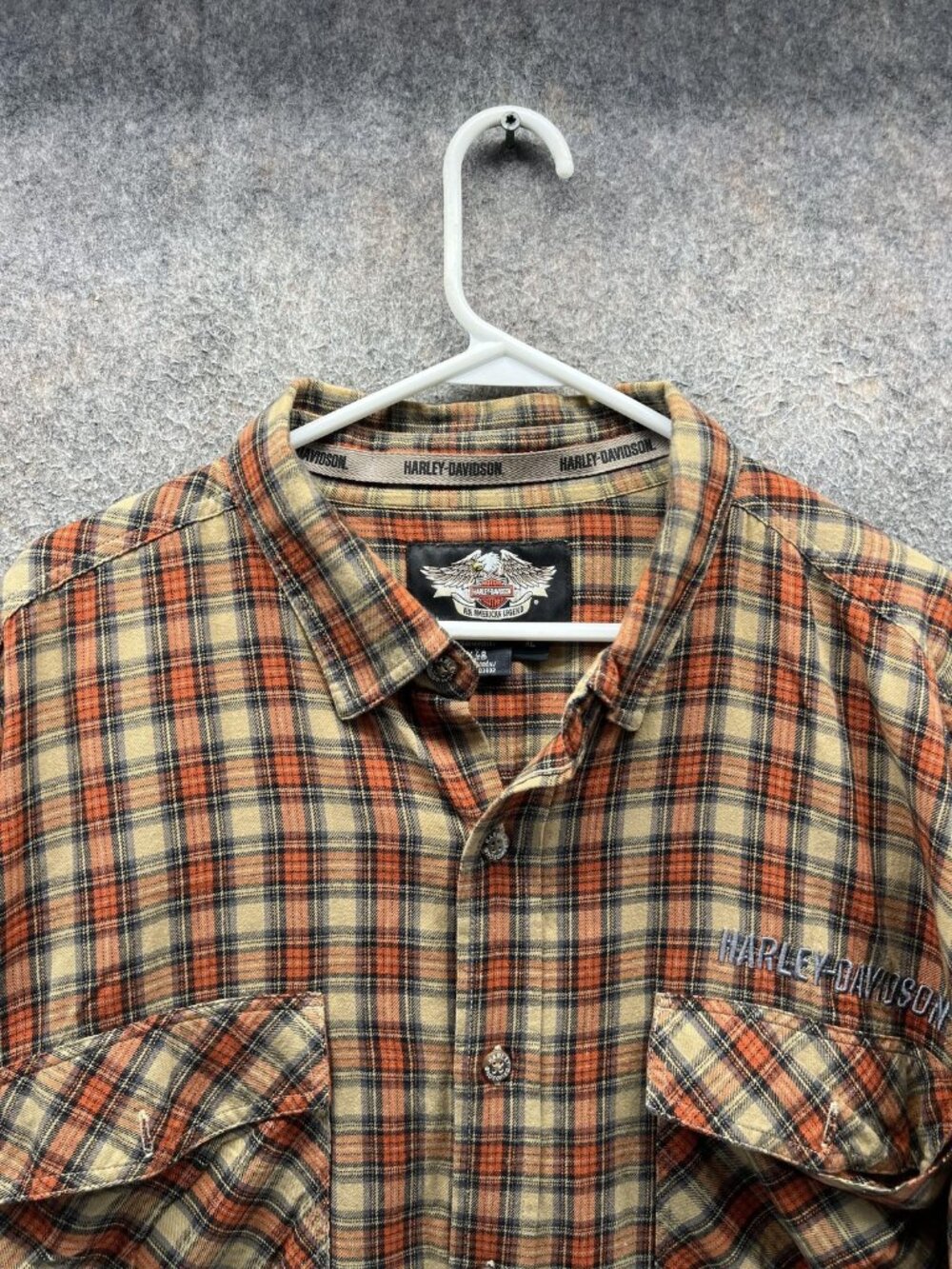 Harley-Davidson Shirt Mens XL Orange Plaid Long Sleeve Snap Front Flannel Casual - Picture 7 of 10